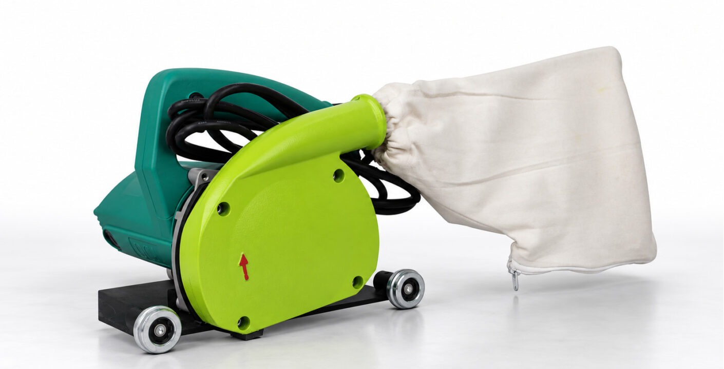Green electric vinyl floor groover with guide wheels and dust bag.