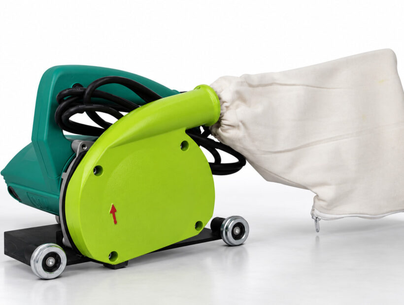Green electric vinyl floor groover with guide wheels and dust bag.