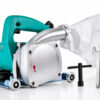 Electric floor groover with a silver blade housing, green handle, white collection bag and two tools.