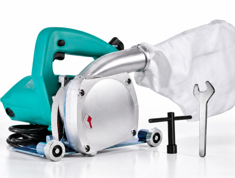 Electric floor groover with a silver blade housing, green handle, white collection bag and two tools.