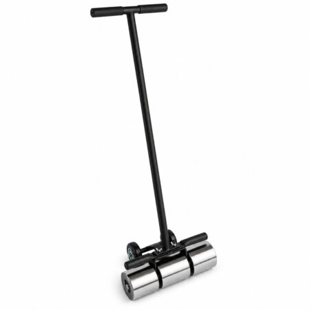 Angled view of the heavy-duty vinyl floor roller, metal rolling sections and black handle.