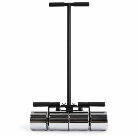 Heavy-duty vinyl floor roller showing its upright T-handle and metal roller face.