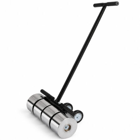 Angled view of the heavy-duty vinyl floor roller, metal rolling sections and black handle.
