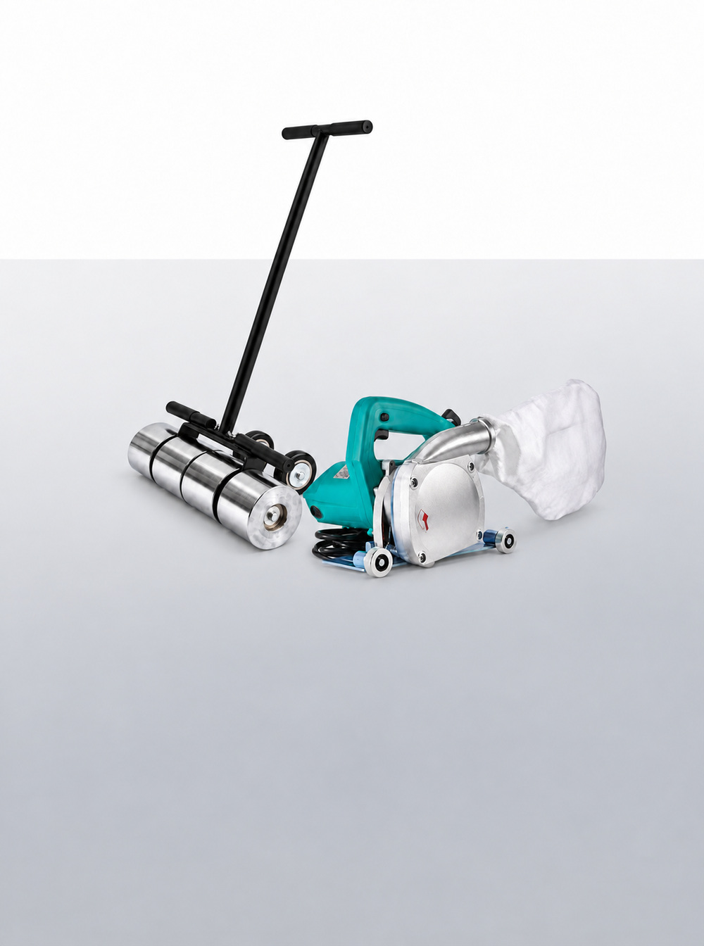 Heavy-duty vinyl floor roller and green electric floor grooving machine with a dust collection bag.