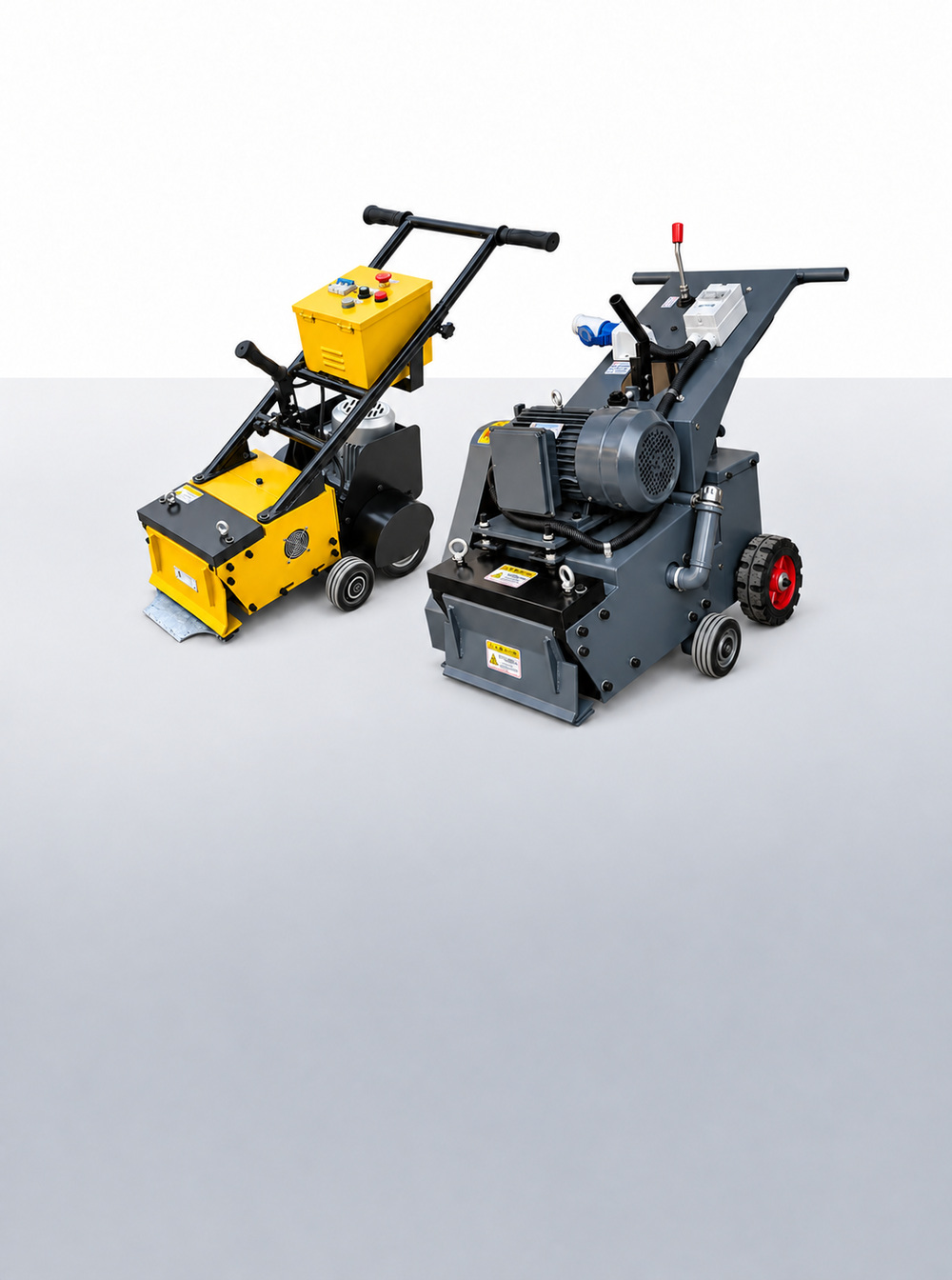 Yellow floor stripping machine and gray walk-behind floor preparation machine.