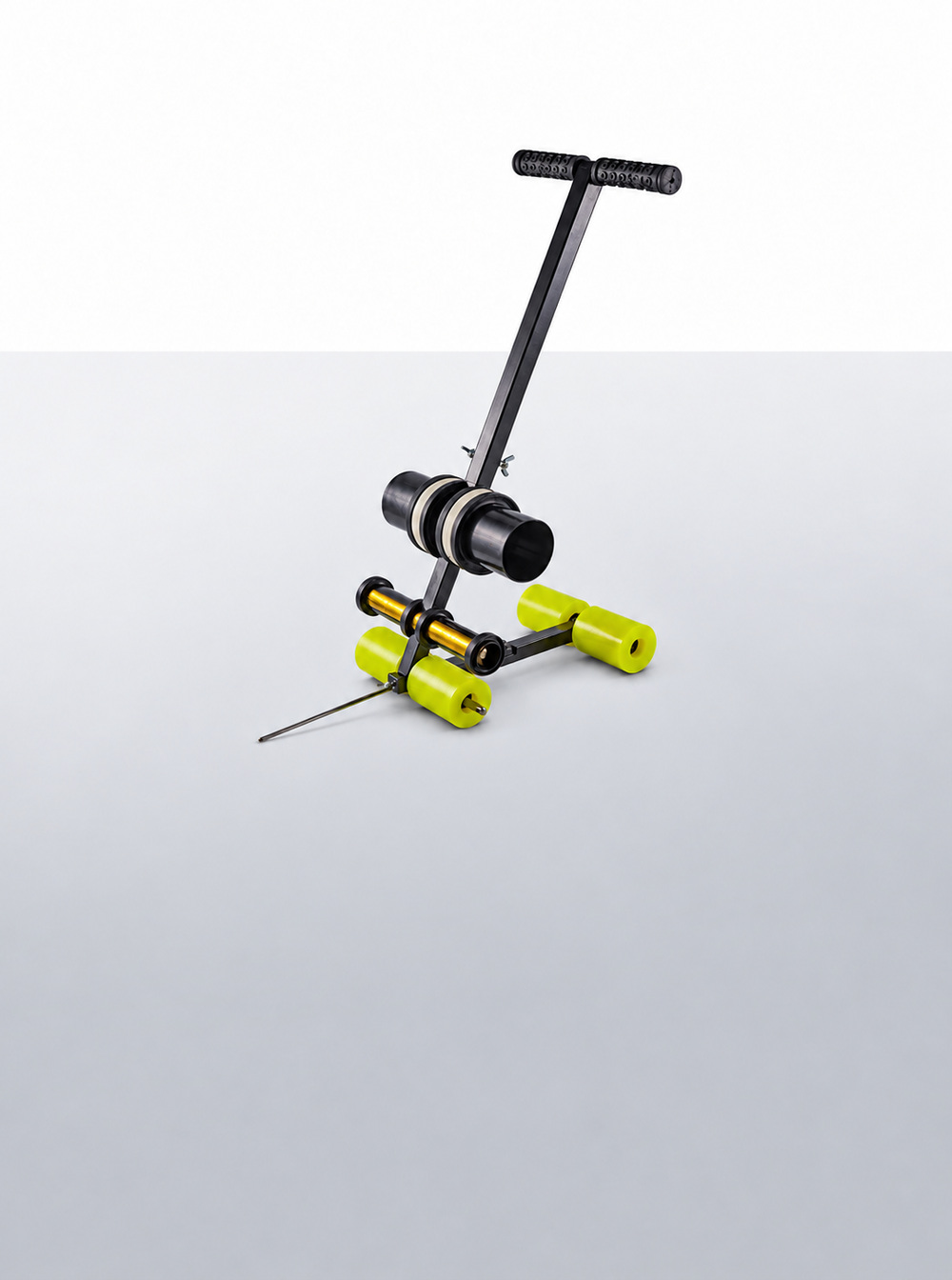 Push-type flooring tape line marker with a black handle, tape reel and yellow-green rollers.