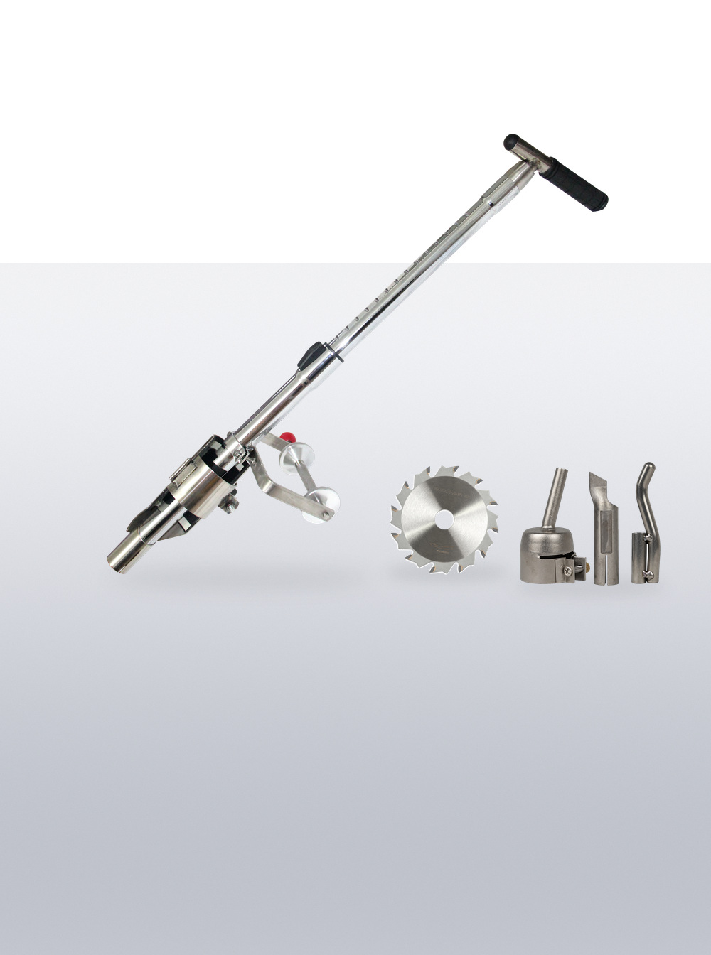Flooring tool accessories with a carbide grooving disc, three metal welding nozzles and a long-handled metal flooring tool.