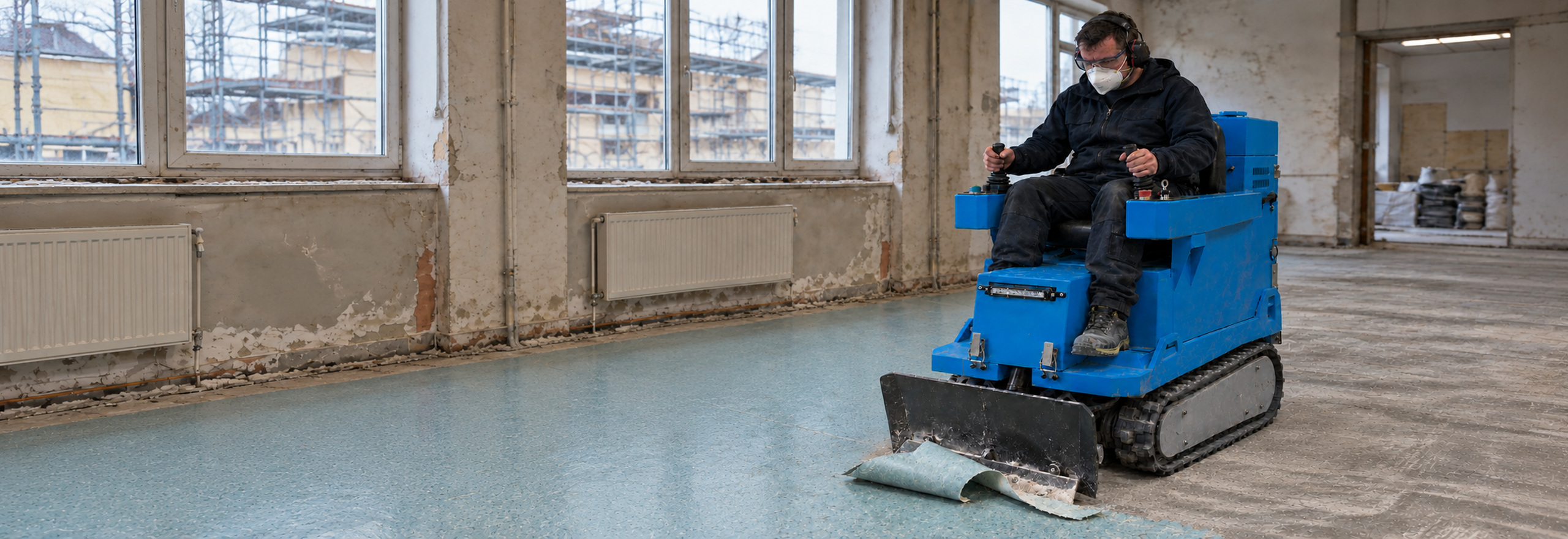 Operator using a blue tracked ride-on floor stripping machine to remove vinyl flooring at a renovation site.