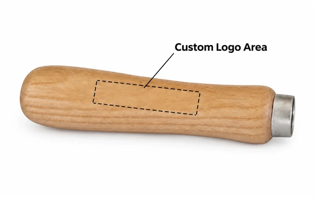 Custom Logo Area marked on a wooden roller handle