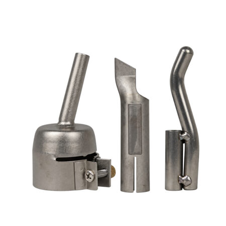 Round, flat and angled metal hot-air welding nozzles on a white background.
