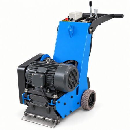Blue walk-behind floor stripper, overall view of the complete machine.