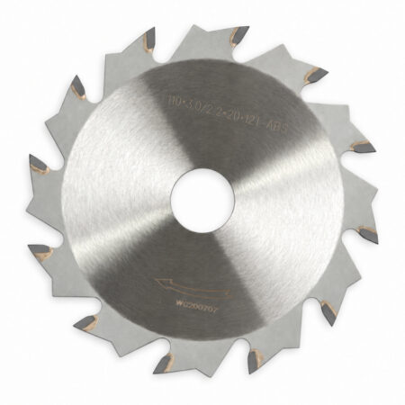 Face view of a carbide grooving blade with a central mounting hole.