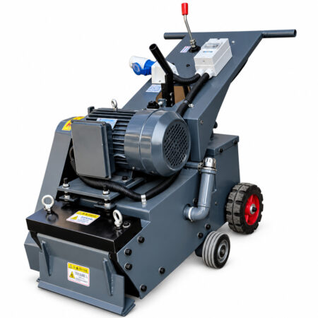 Gray self-propelled floor stripper, overall view of the complete machine.