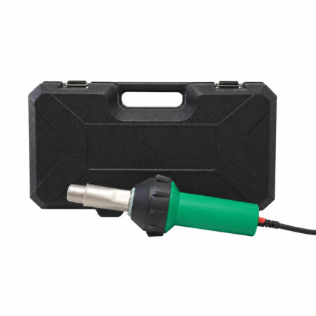 Green plastic hot air welding gun shown with its black carrying case on white.