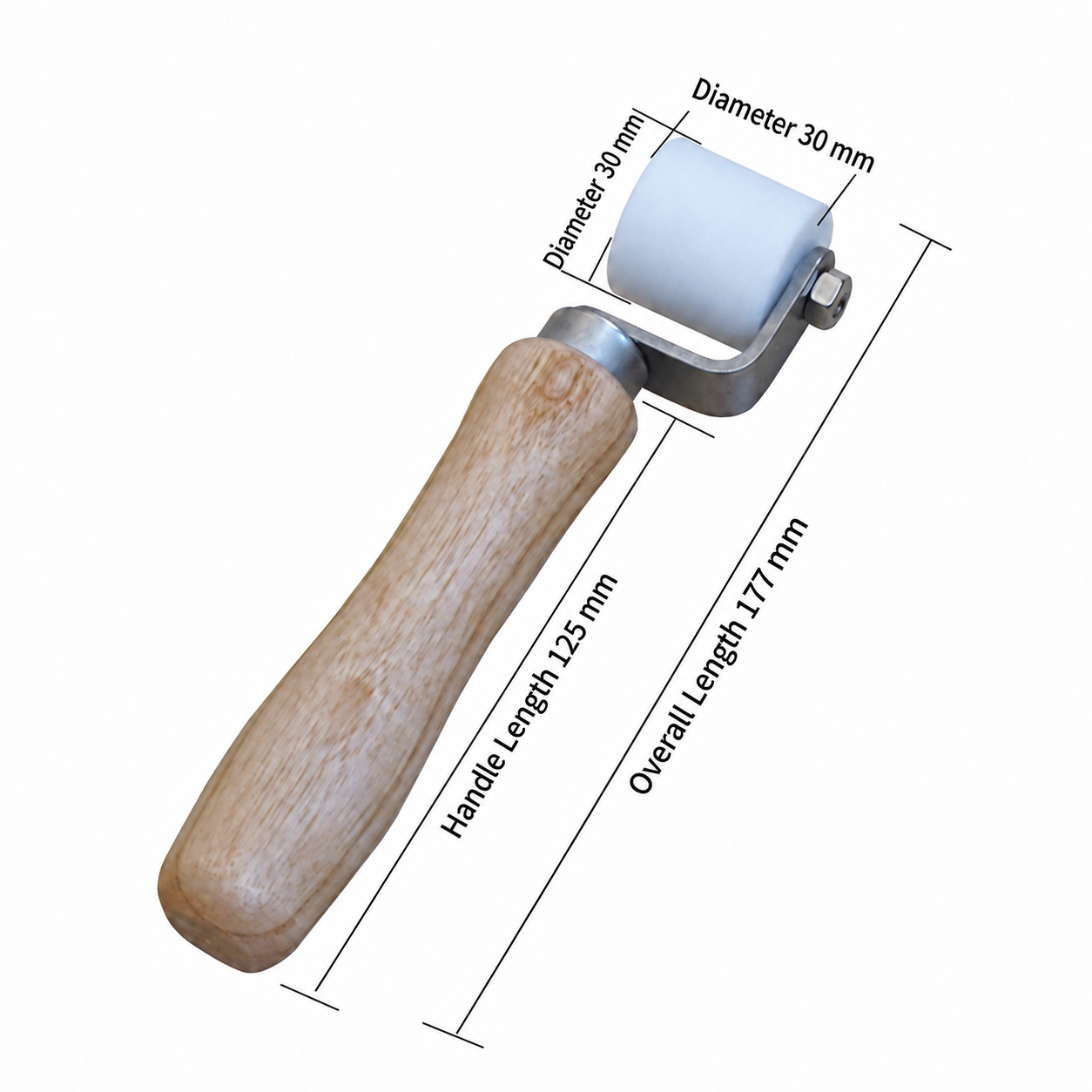 R003 30 mm White PTFE Flooring Pressure Roller shown in a dimension drawing with English labels.