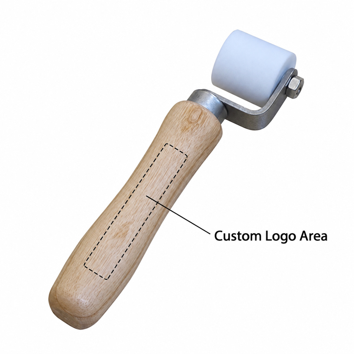 R003 30mm White PTFE Flooring Pressure Roller — custom logo placement area on the handle.