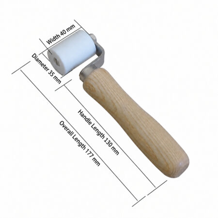 R006 40 mm White PTFE Flooring Pressure Roller shown in a dimension drawing with English labels.