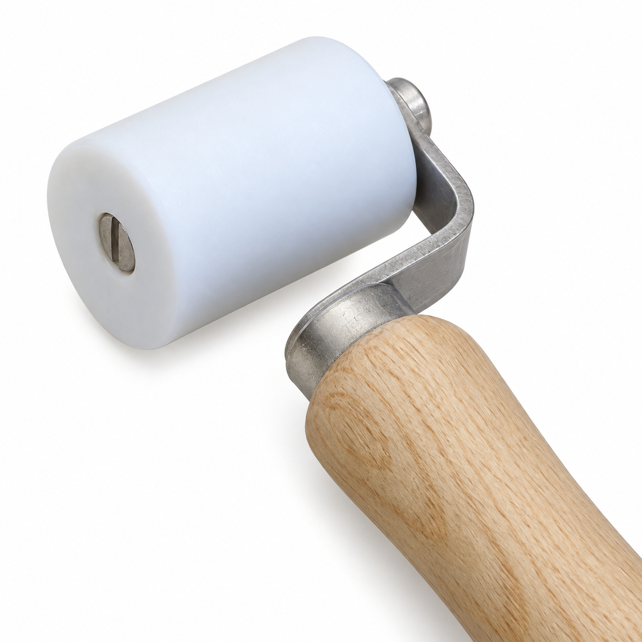 Angled detail view of the R006 40 mm White PTFE Flooring Pressure Roller.