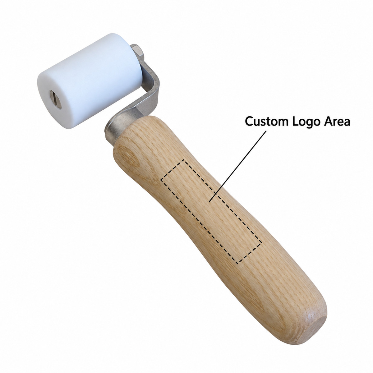 R006 40mm White PTFE Flooring Pressure Roller — custom logo placement area on the handle.