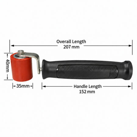 R017 40 mm Flooring Pressure Roller with Black Plastic Handle shown in a dimension drawing with English labels.