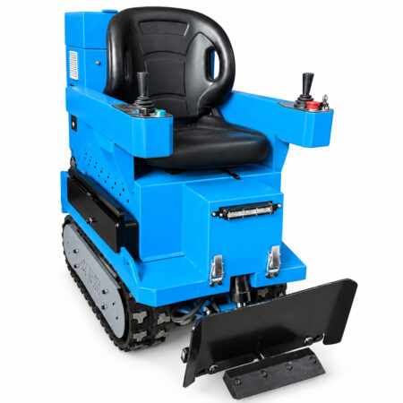 Front view of the blue tracked ride-on floor stripper with its scraper blade.