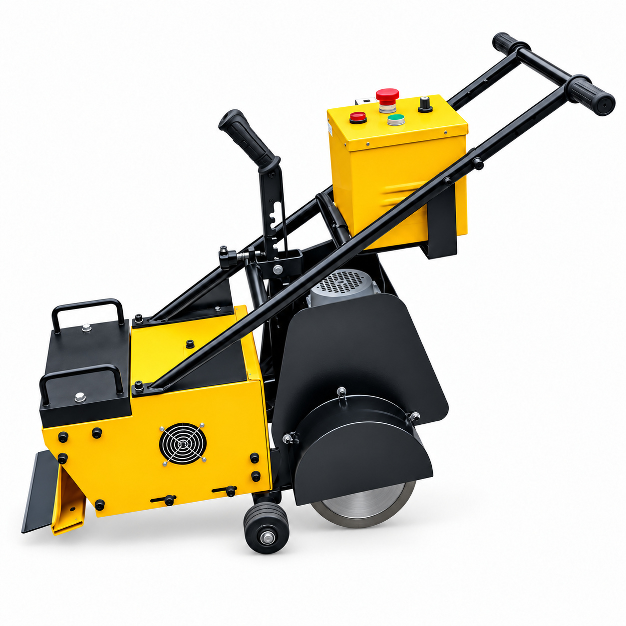 Yellow 280 mm walk-behind floor stripper, front angled view.
