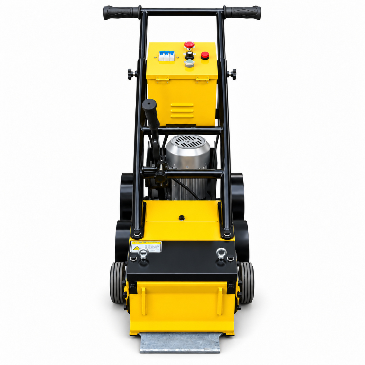 Yellow 280 mm walk-behind floor stripper, front view of the complete machine.