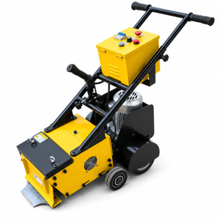 Yellow 280 mm walk-behind floor stripper, side view of the complete machine.
