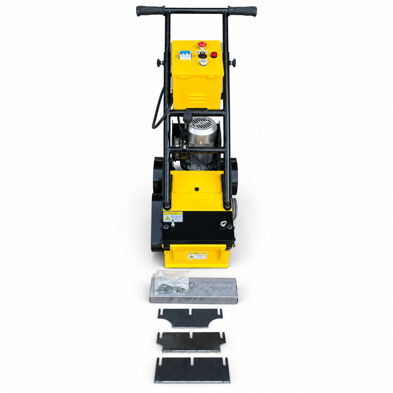 Yellow 280 mm walk-behind floor stripper, machine shown with loose accessories.
