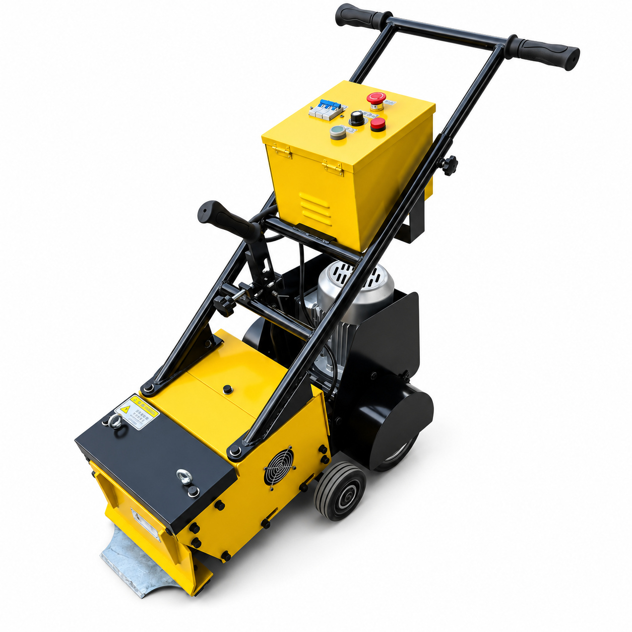 Yellow 280 mm walk-behind floor stripper, elevated angled view.