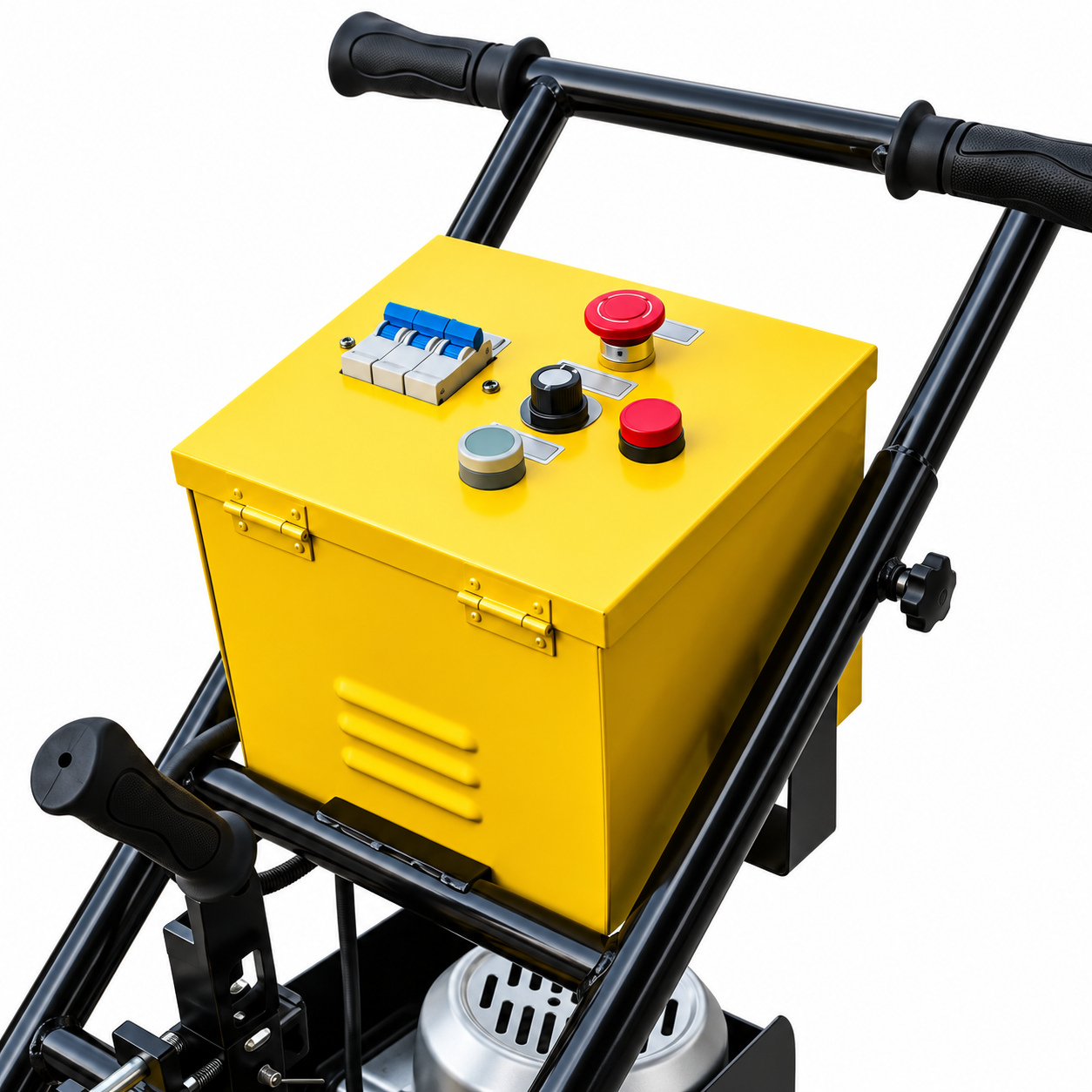 Yellow 280 mm walk-behind floor stripper, control box detail.