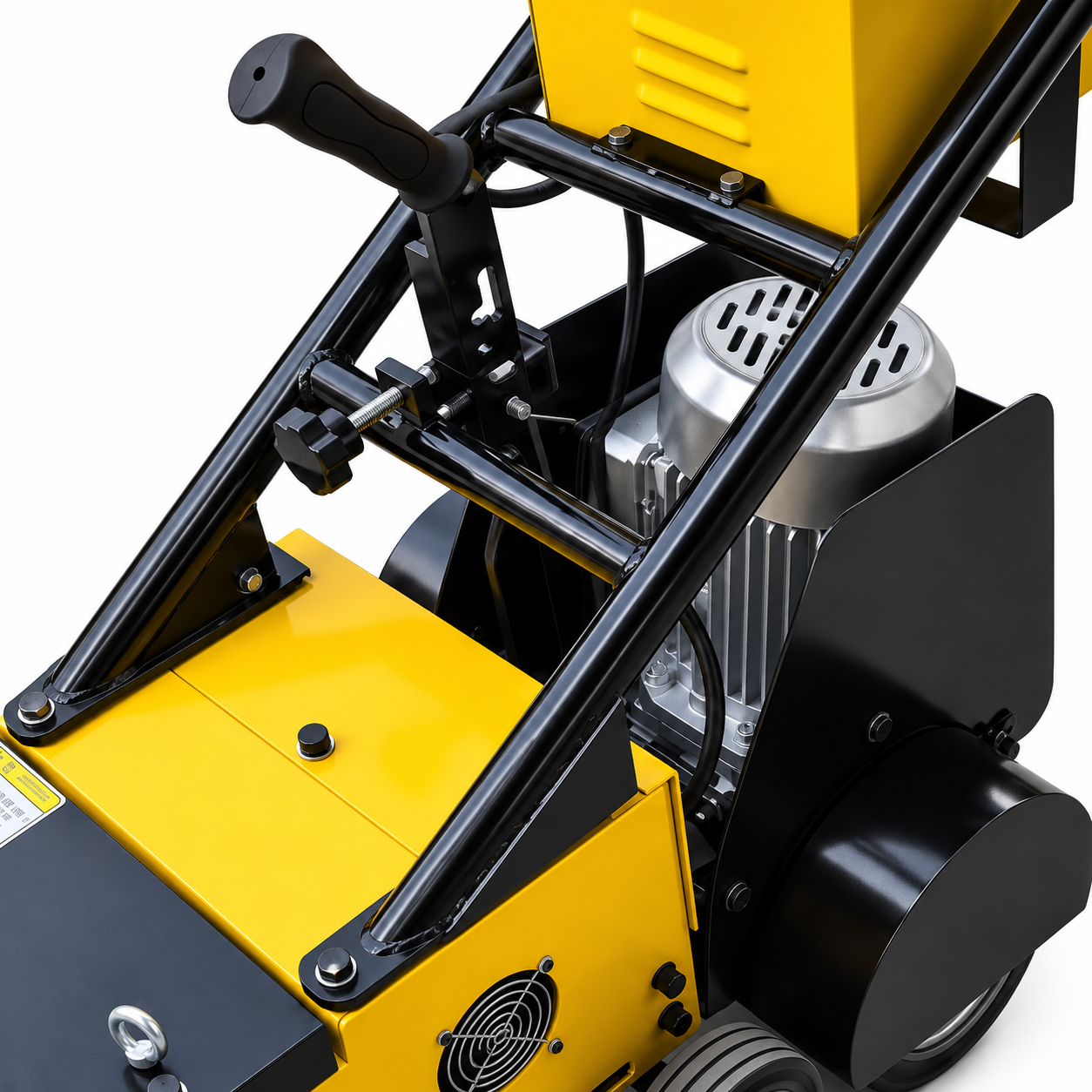 Yellow 280 mm walk-behind floor stripper, adjustment mechanism and motor detail.