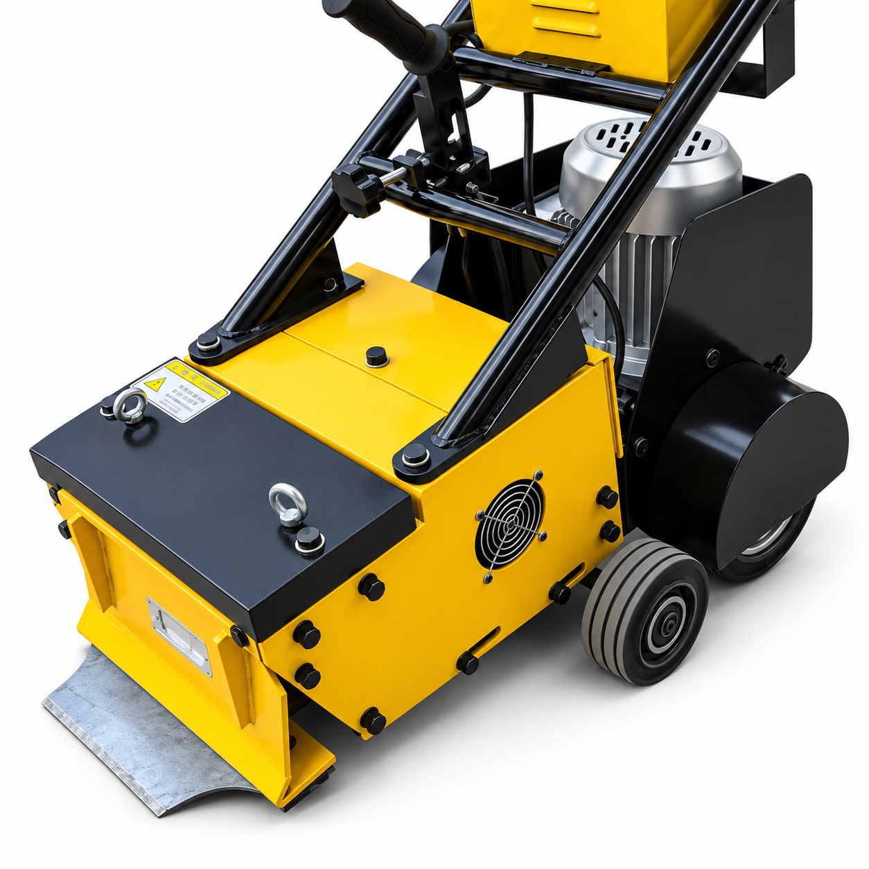 Yellow 280 mm walk-behind floor stripper, blade and wheel assembly detail.