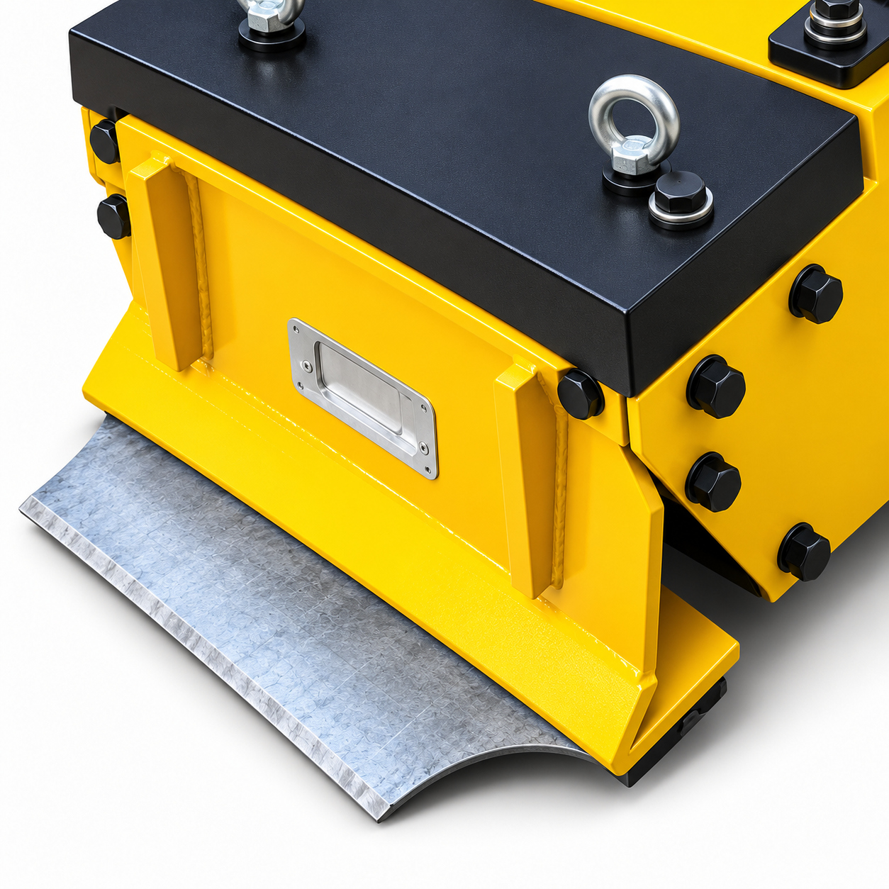 Yellow 280 mm walk-behind floor stripper, blade mounting close-up.