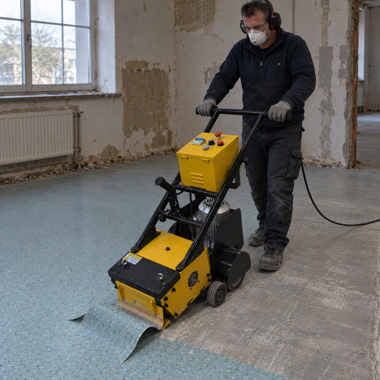 Yellow 280 mm walk-behind floor stripper, shown during floor covering removal.